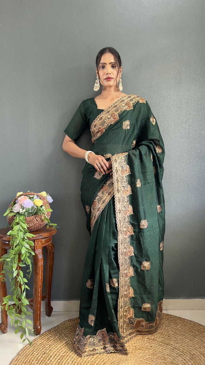Vastranavya Green Vichitra Silk Zari with Swarovski Work Ready to Wear Saree