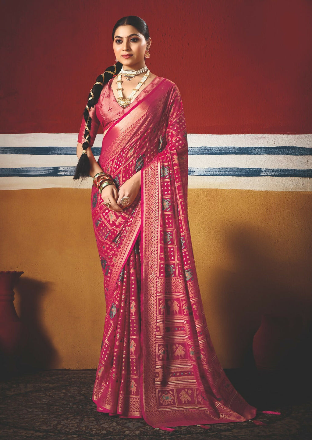 Joban Fashion Pink Dull Moss Brasso Saree - Distacart
