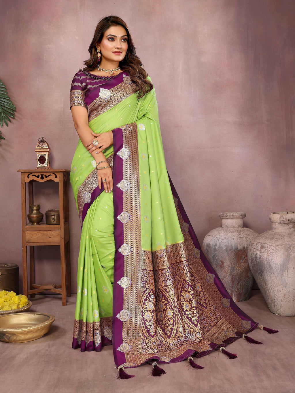 Aastha Fashion Parrot Green Silk Sarees Weaving Saree - Distacart