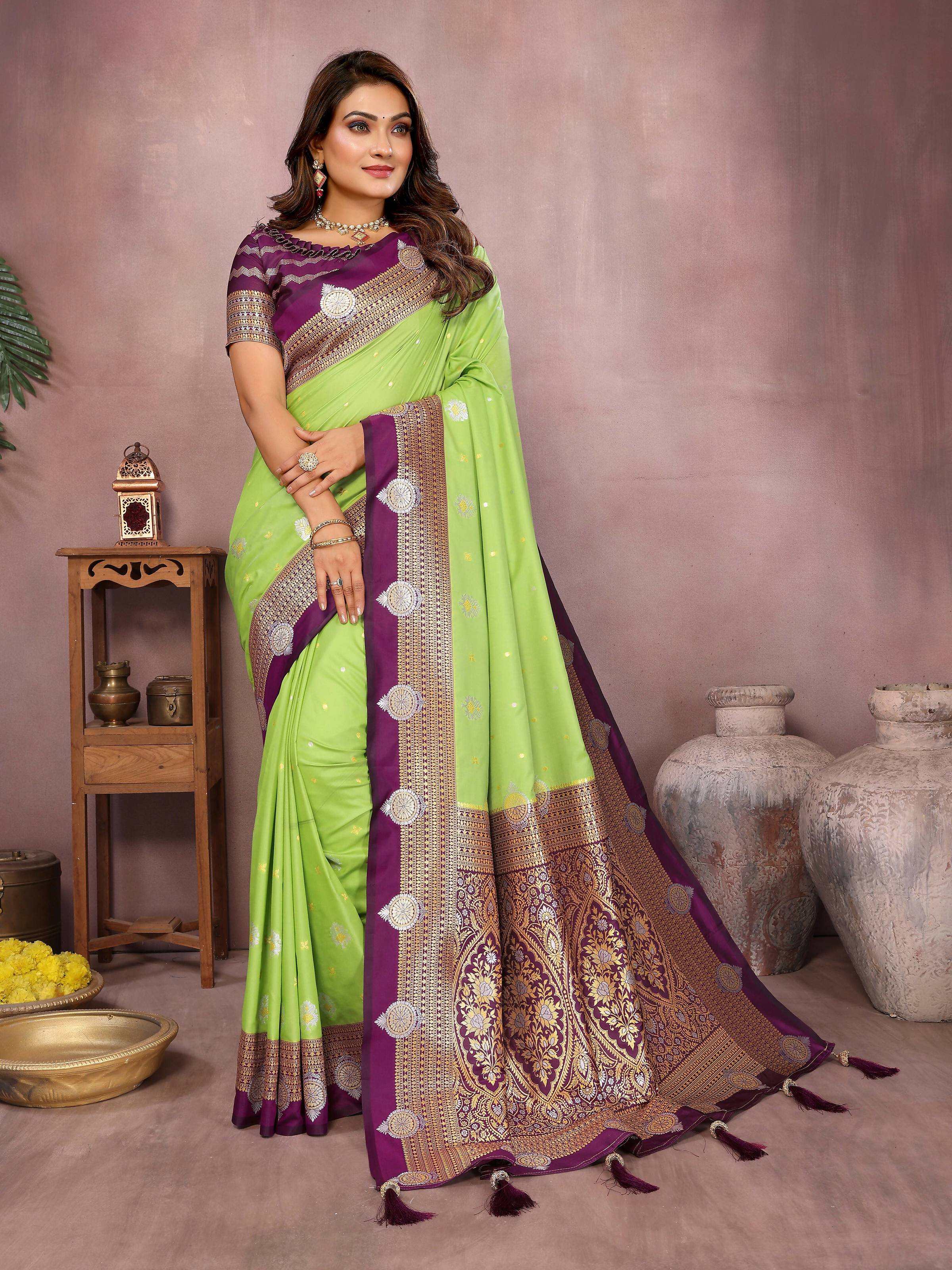 Aastha Fashion Parrot Green Silk Sarees Weaving Saree - Distacart