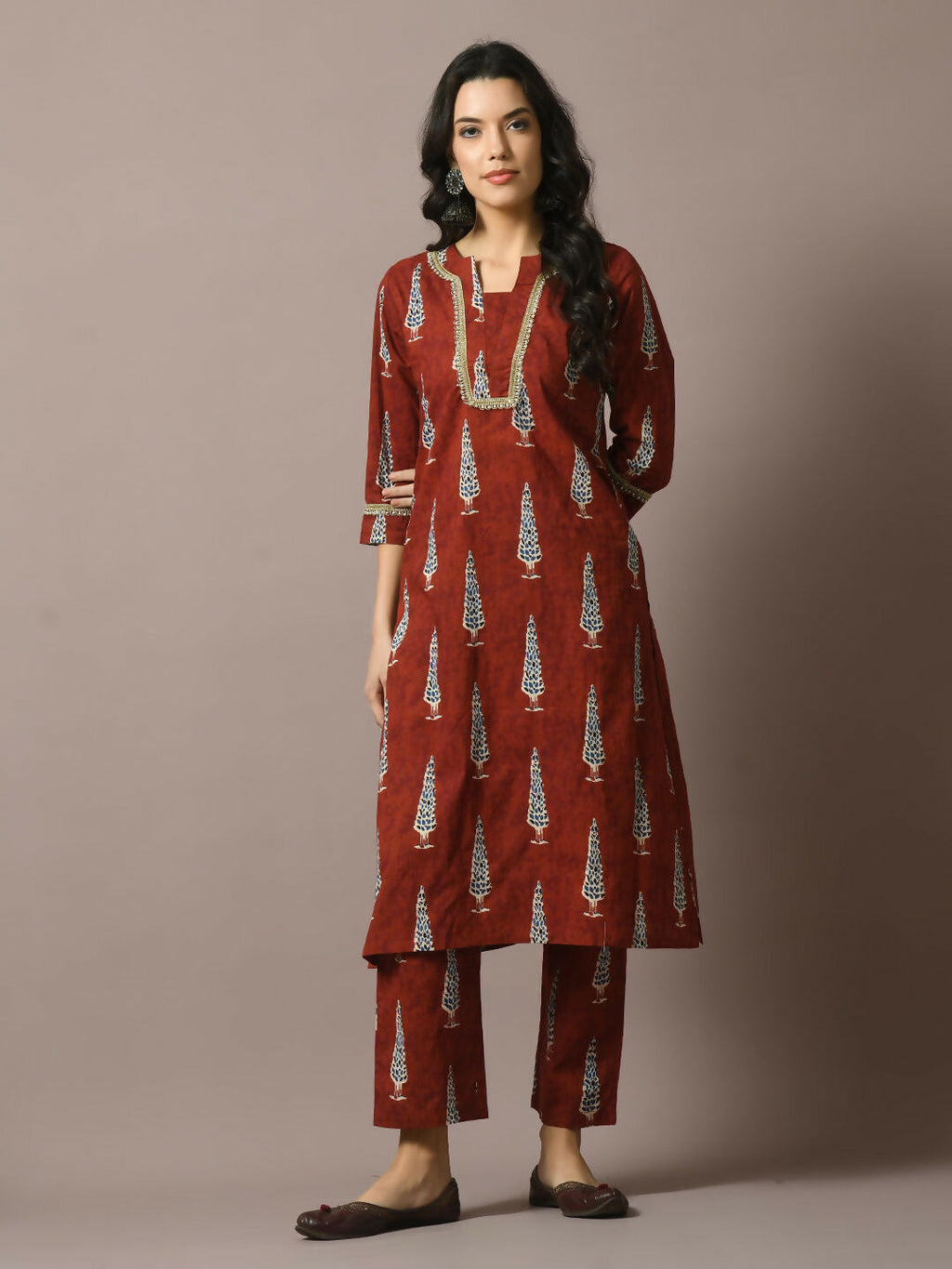 Myshka Women's Rust Printed Cotton Straight Party Kurta Set