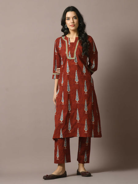 Myshka Women's Rust Printed Cotton Straight Party Kurta Set