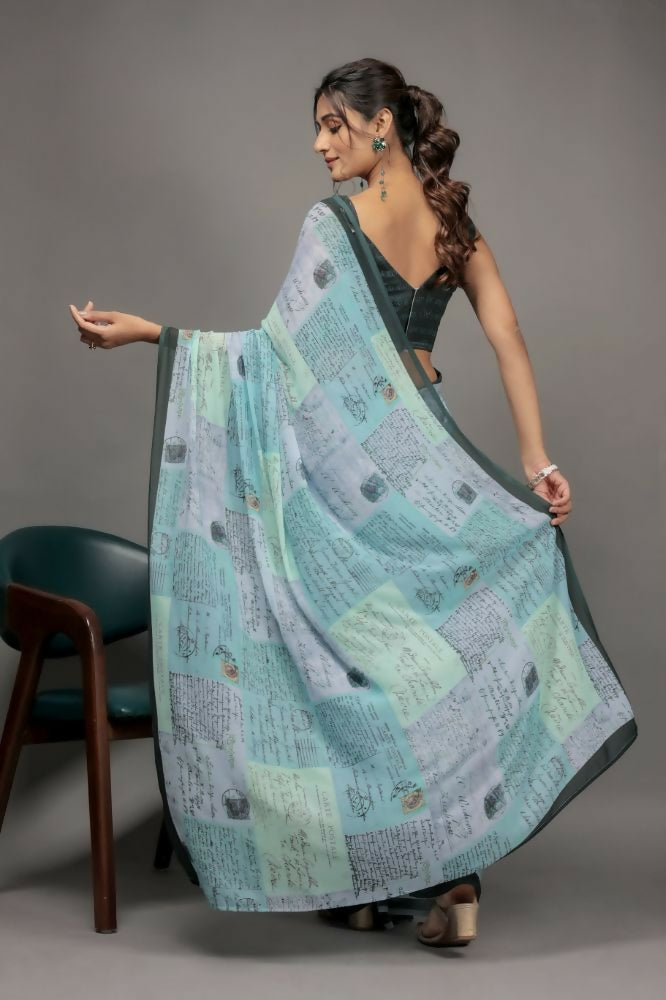 Pista Green Georgette Designer Printed Party Wear Saree - Cinderella