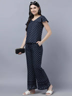 Myshka Women Navy Blue Ethnic Motifs Printed Pure Cotton Top with Palazzos - Distacart