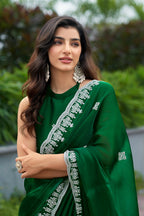 Vastranavya Green Embroidery Work Shimmer Chiffon Saree with Unstitched Blouse - Distacart
