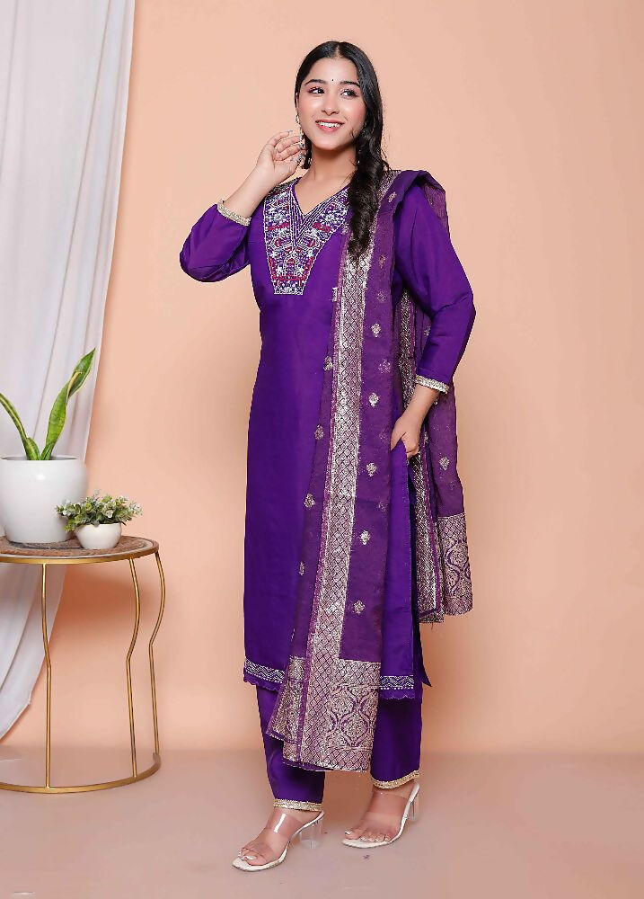 Miravan Womens Purple Muslin Straight Kurta And Palazzo With Dupatta Suit Set - Distacart