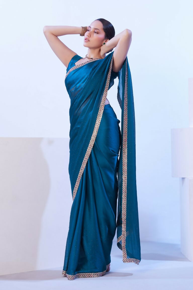 Firozi Satin Chiffon Solid Designer & Lace Work Saree - Samaa