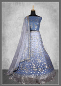 Grey Net Floral Sequins And Cord Embroidery, Cut Work Semi-Stitched Lehenga Choli - Nimaya Kangan