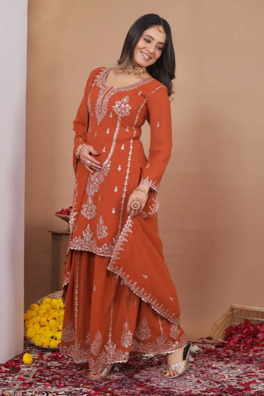 Joban Fashion Dark Orange Georgette Embroidered Sharara Set - Distacart