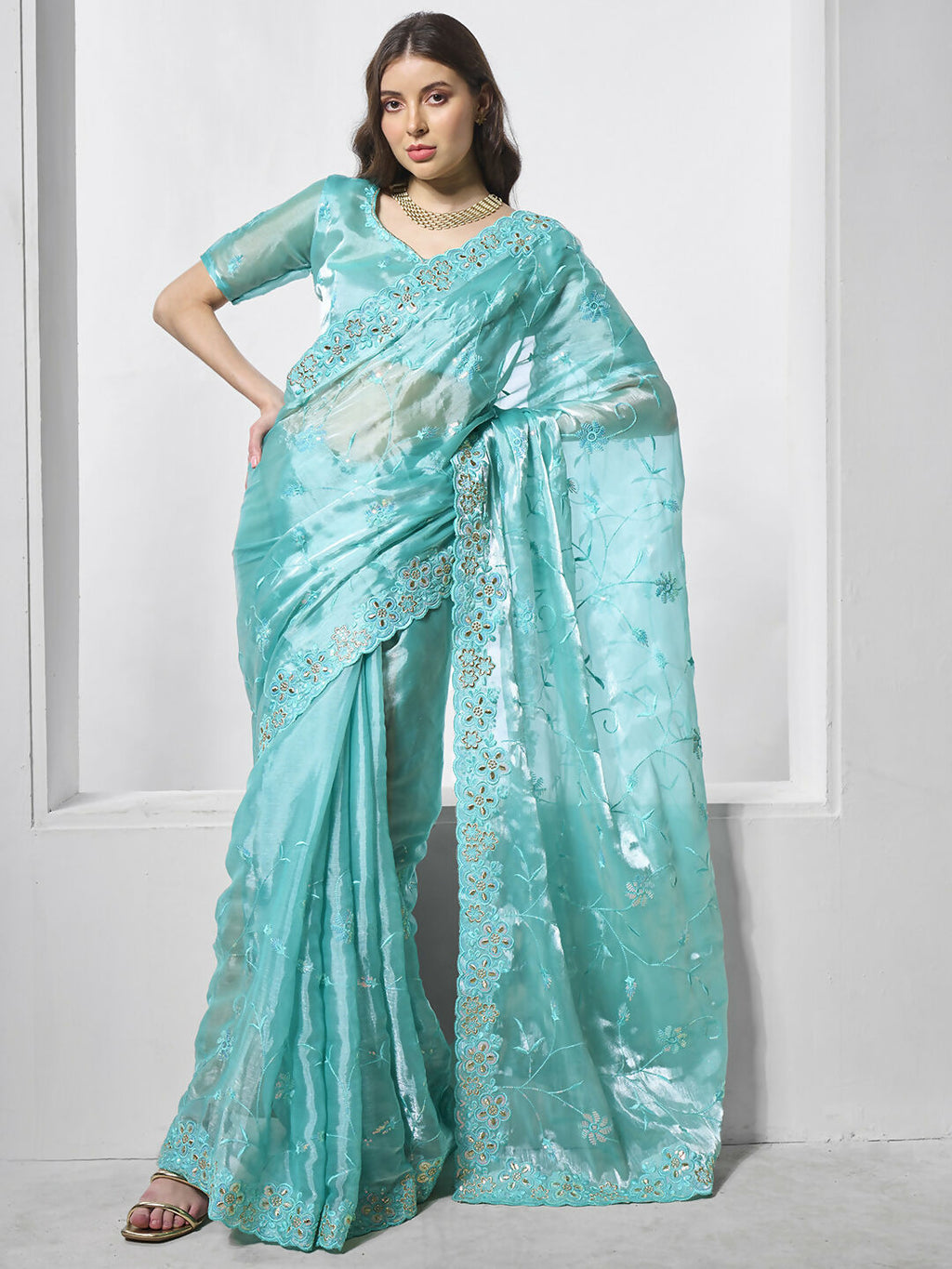 Blue Burburry silk Designer Embroidery Work Saree - Shezlin