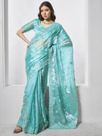 Blue Burburry silk Designer Embroidery Work Saree - Shezlin