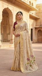Vastranavya Cream Muga Cotton Meenakari & Munia Weaving Pallu Saree with Contrast Blouse - Distacart
