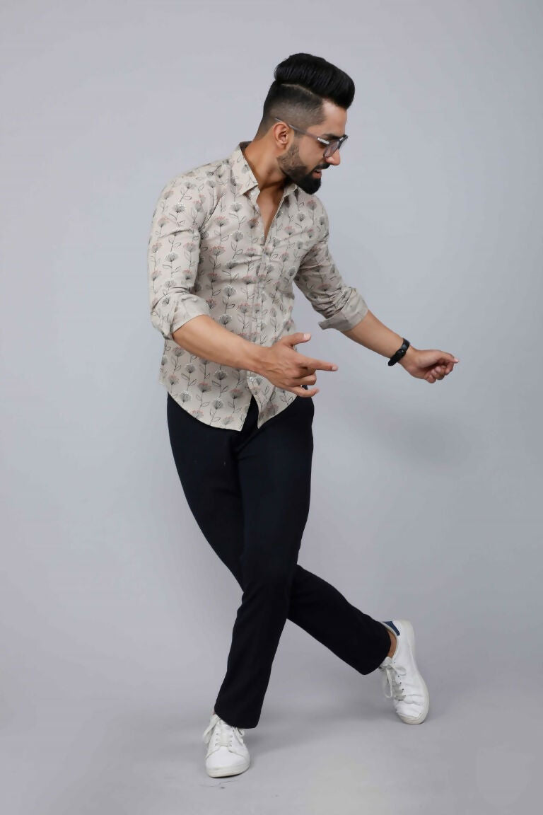 Miravan Men's Beige Comfort Floral Printed Casual Shirt