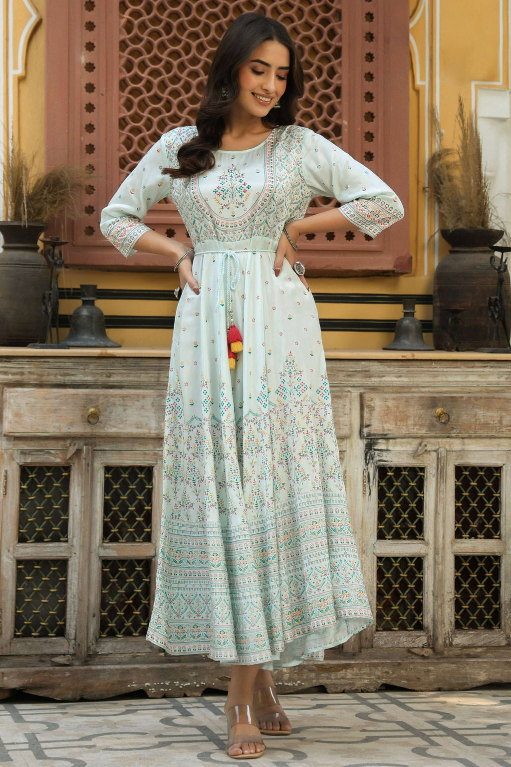 Juniper Women's Skyblue Viscose Shantoon Festive Printed Flared Dress - Distacart