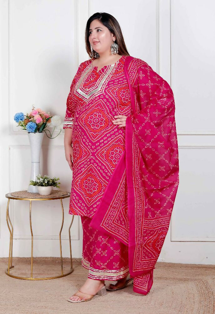 Miravan Plus Size Women'S Pink Bandhani Printed Straight Kurta With Palazzo & Dupatta - Distacart