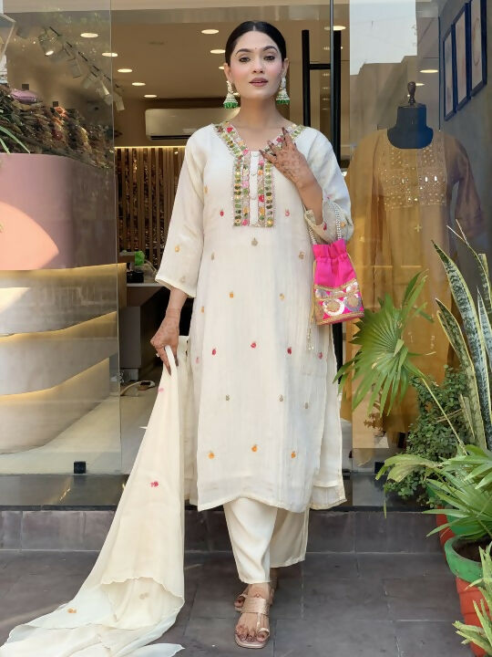 The52 Off White Women's Gorgeous Chinon Fabric Embroidered Work Straight Kurta Pant and Dupatta Set - Distacart