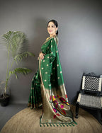 Joban Fashion Green Peacock & Floral Motifs Soft Silk Kanchipuram Saree - Distacart