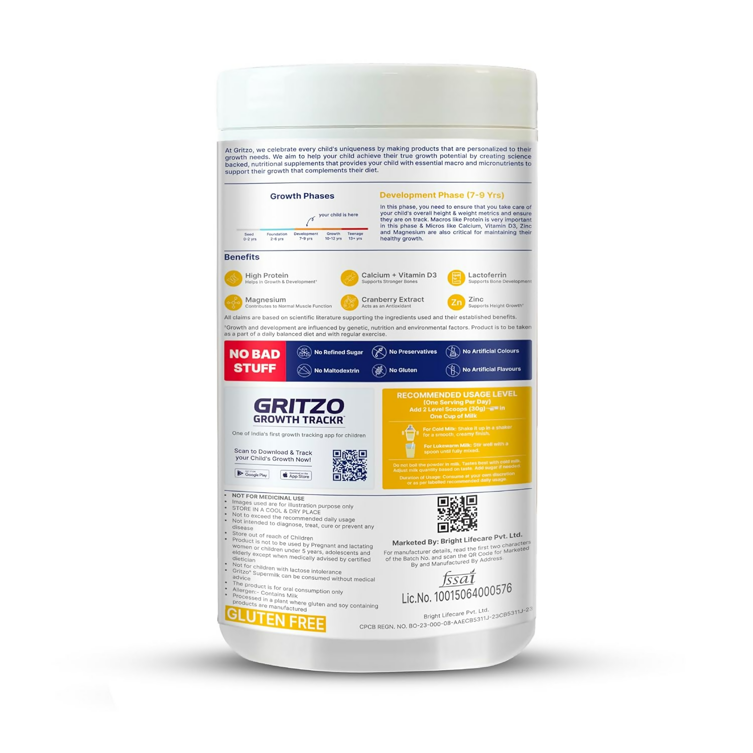 Gritzo SuperMilk Growth+ (Formerly Height+) Unsweetened Drink Mix (7-9y Girls), 10g Protein Powder- Creamy Vanilla