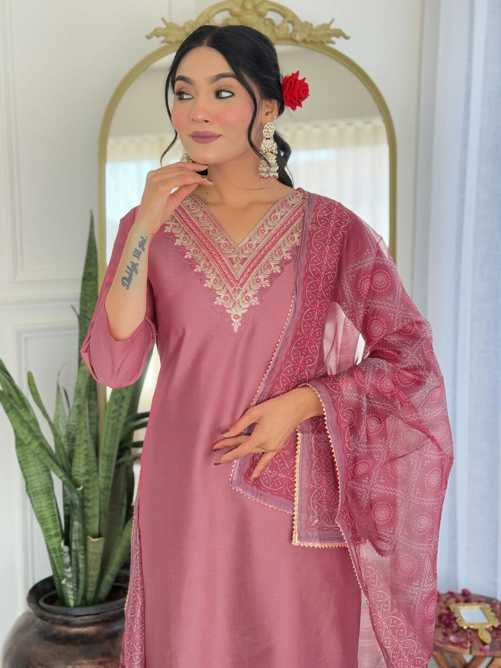 The52 Gajri Women's Beautiful Embroidered Rayon Fabric with Straight Kurta, Pant and Dupatta Set - Distacart