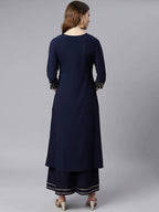 Janasya Navy Blue & Gold-Toned Printed Yoke Design Keyhole Neck Crepe Anarkali Kurta - Distacart