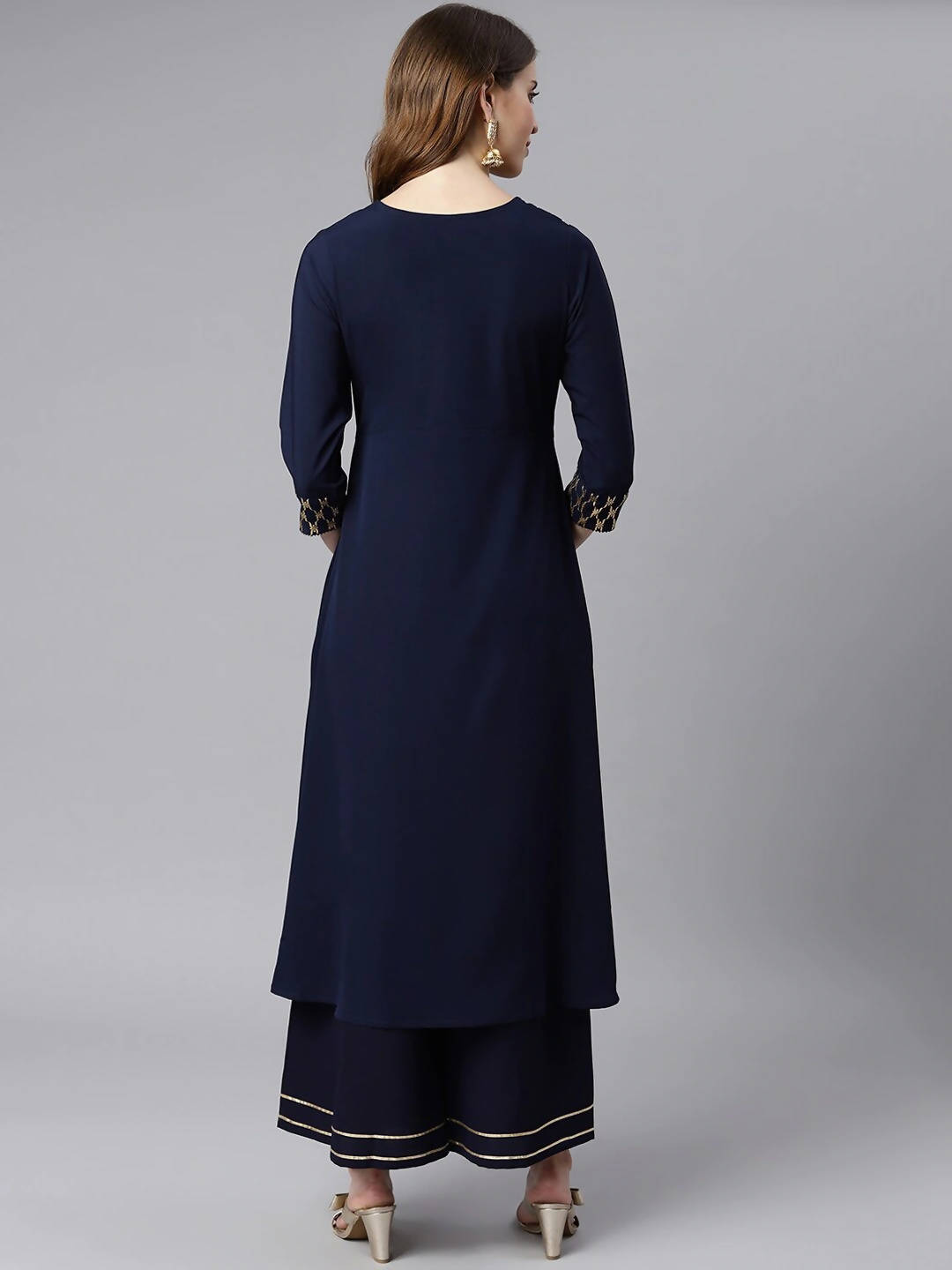 Janasya Navy Blue & Gold-Toned Printed Yoke Design Keyhole Neck Crepe Anarkali Kurta - Distacart