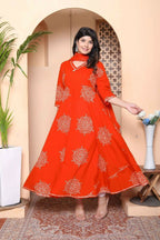 Miravan Women'S Orange Floral Cotton Printed Anarkali Kurta With Dupatta - Distacart
