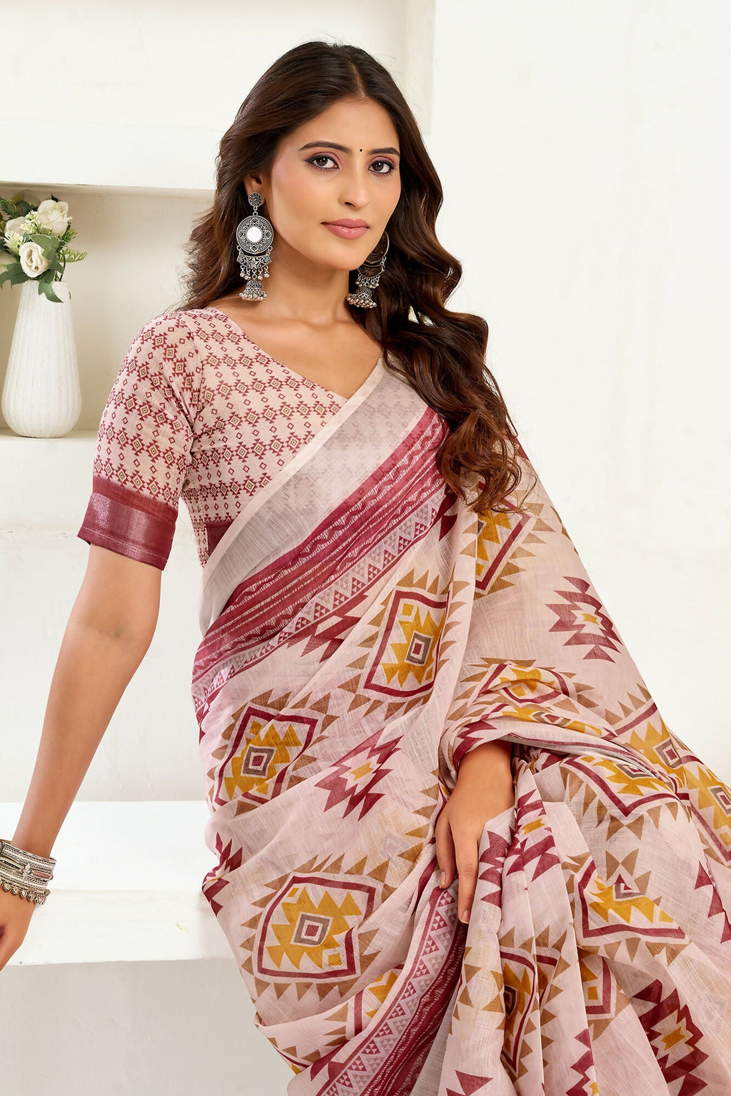 Vastranavya White Maroon Digital Printed Linen Ready To Wear Designer Saree with Unstitched Blouse - Distacart
