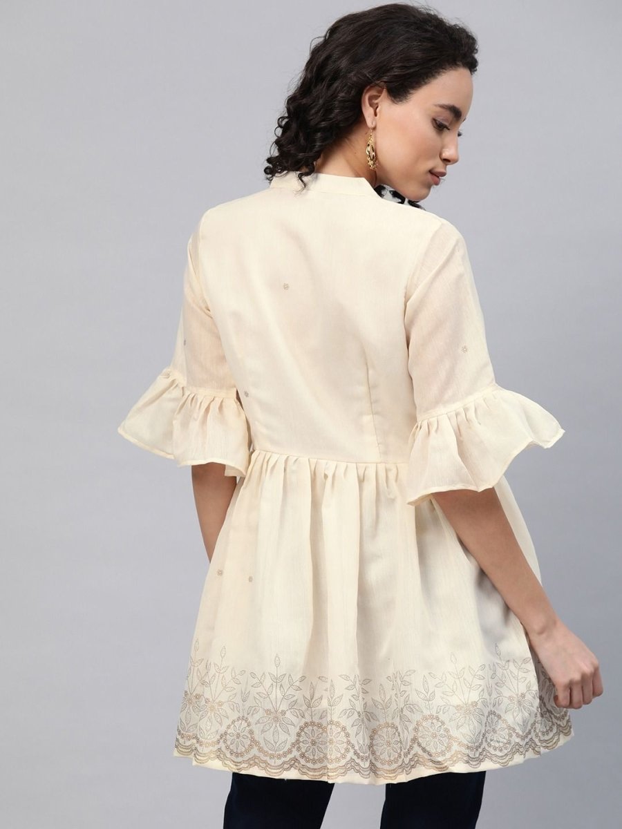 Ahalyaa Women Cream-Coloured Chanderi Ethnic Print Tunic