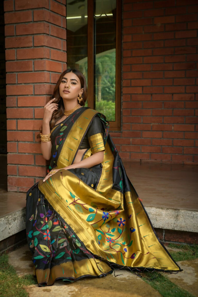 Jyoti Fashion Women's Black Paithani Silk Zari Woven Saree with Blouse
