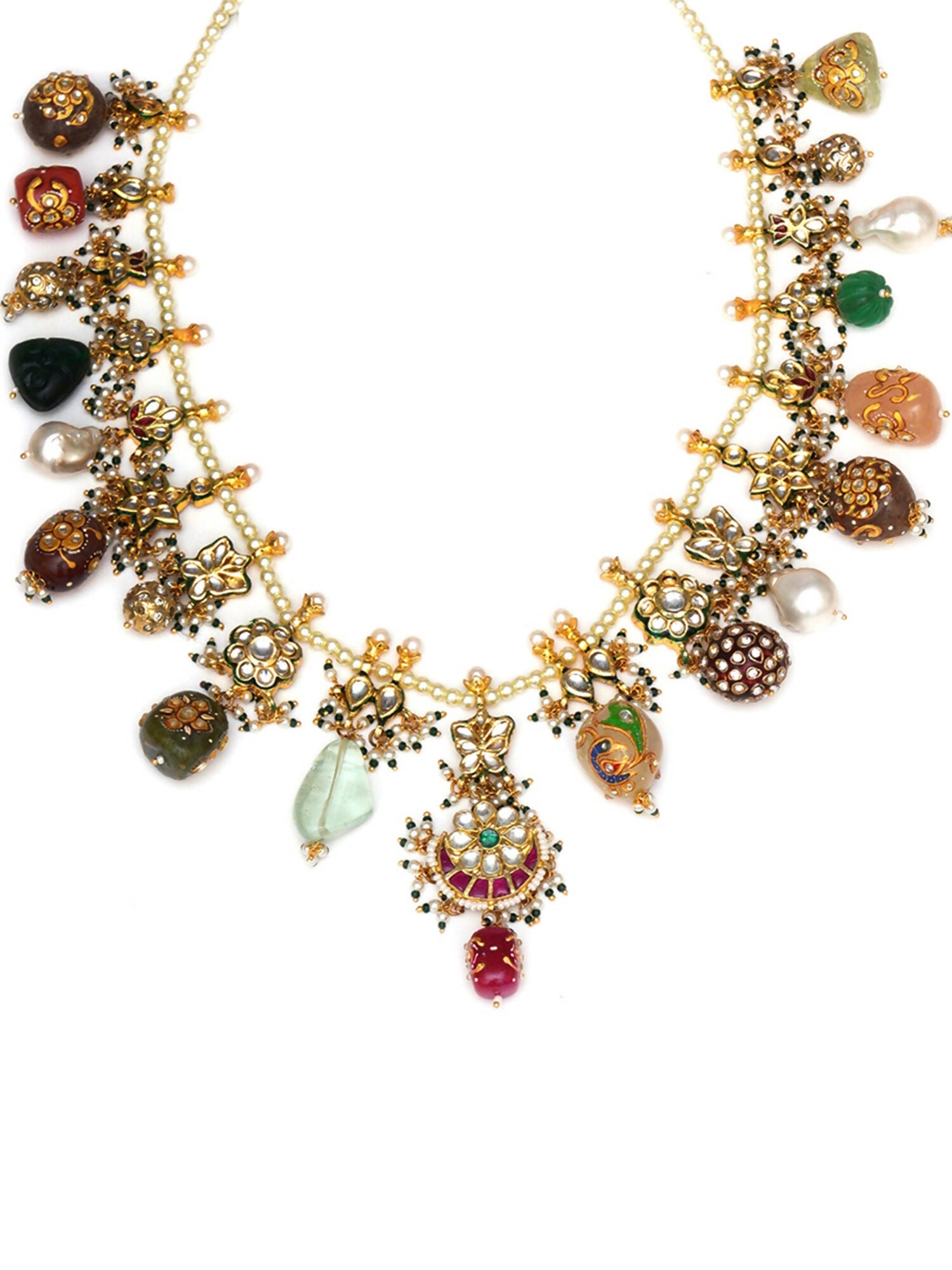 Long Kundan Neckpiece with Earrings with Multi Stones Jewellery Set (Gold) - Ruby Raang