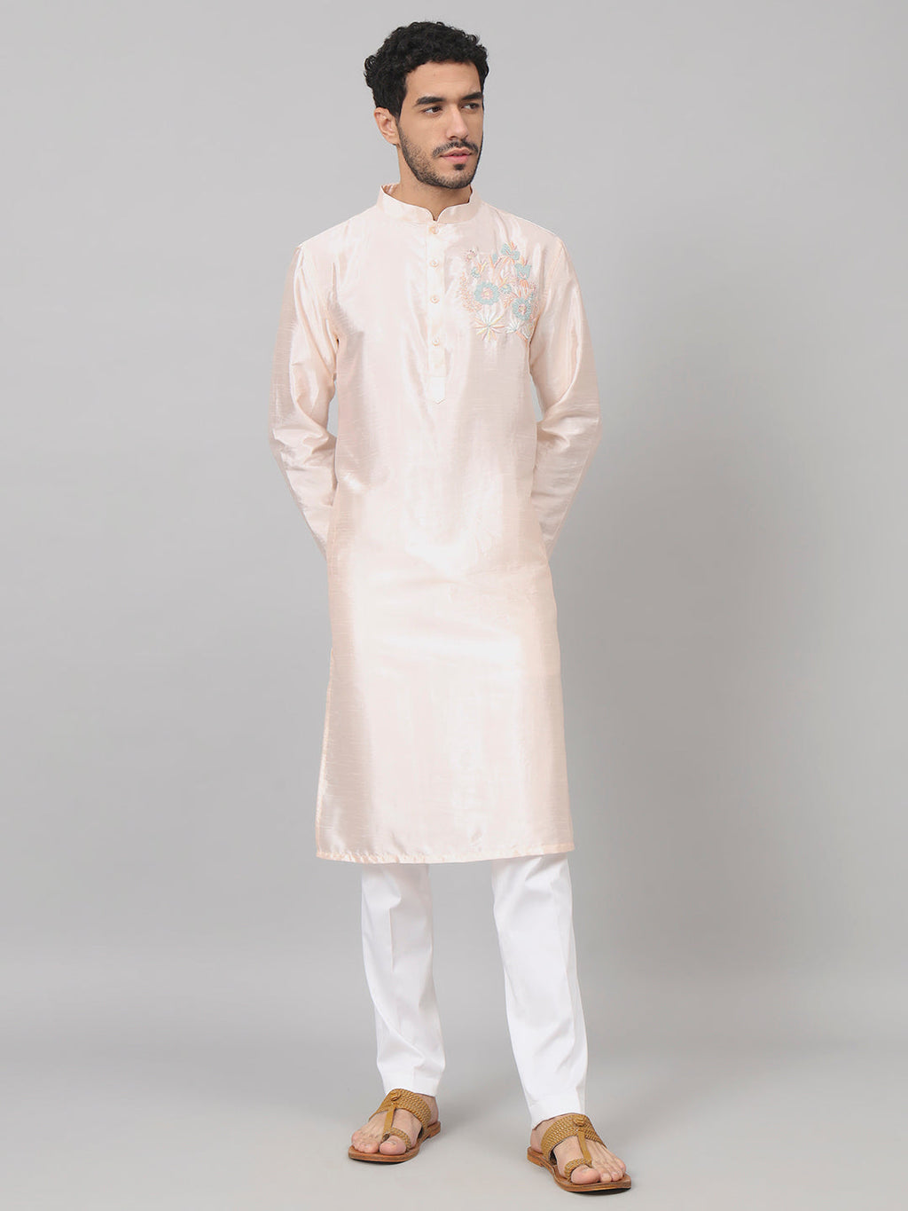 Coral Charm Traditional Embroidered Silk Kurta by Hilo Design