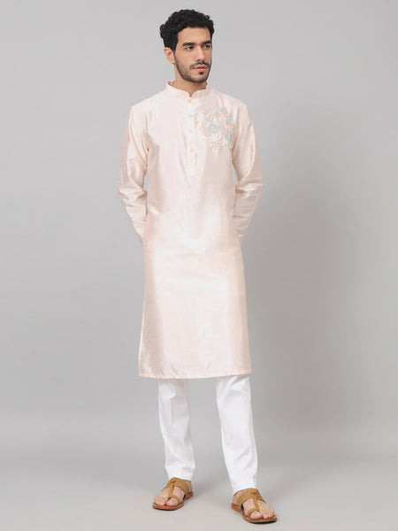 Coral Charm Traditional Embroidered Silk Kurta by Hilo Design