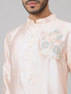 Coral Charm Traditional Embroidered Silk Kurta by Hilo Design
