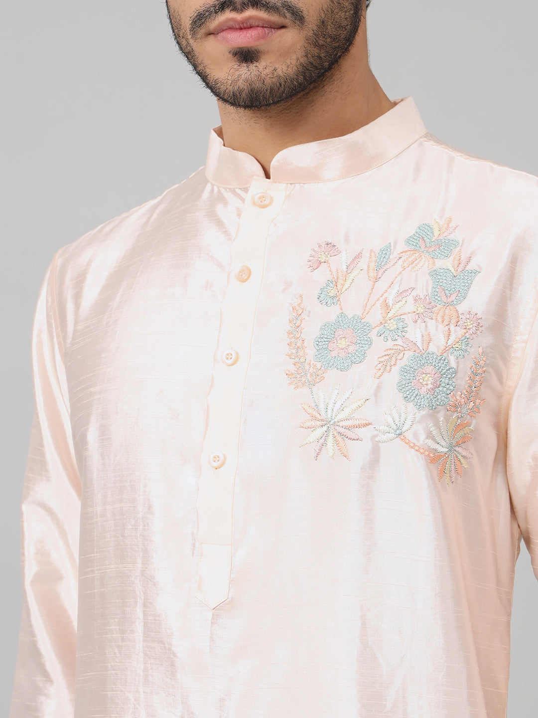 Coral Charm Traditional Embroidered Silk Kurta by Hilo Design