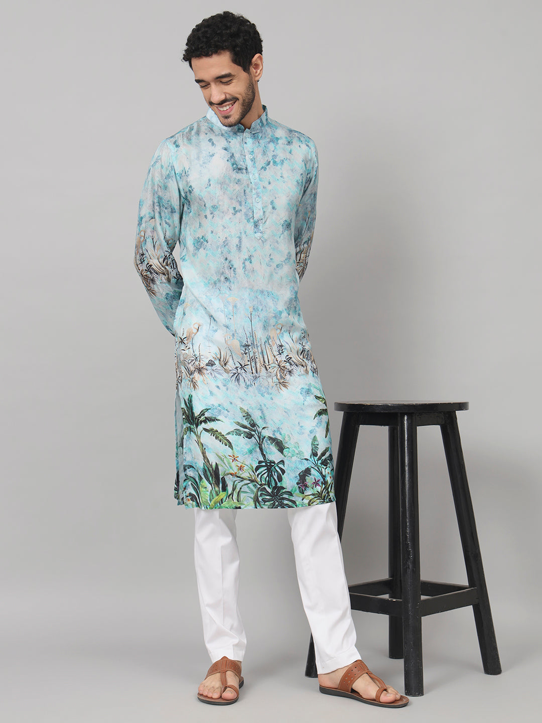 Palm Trees Print Silk Kurta by Hilo Design