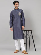 Classic Silk Kurta With Motif Embroidery by Hilo Design