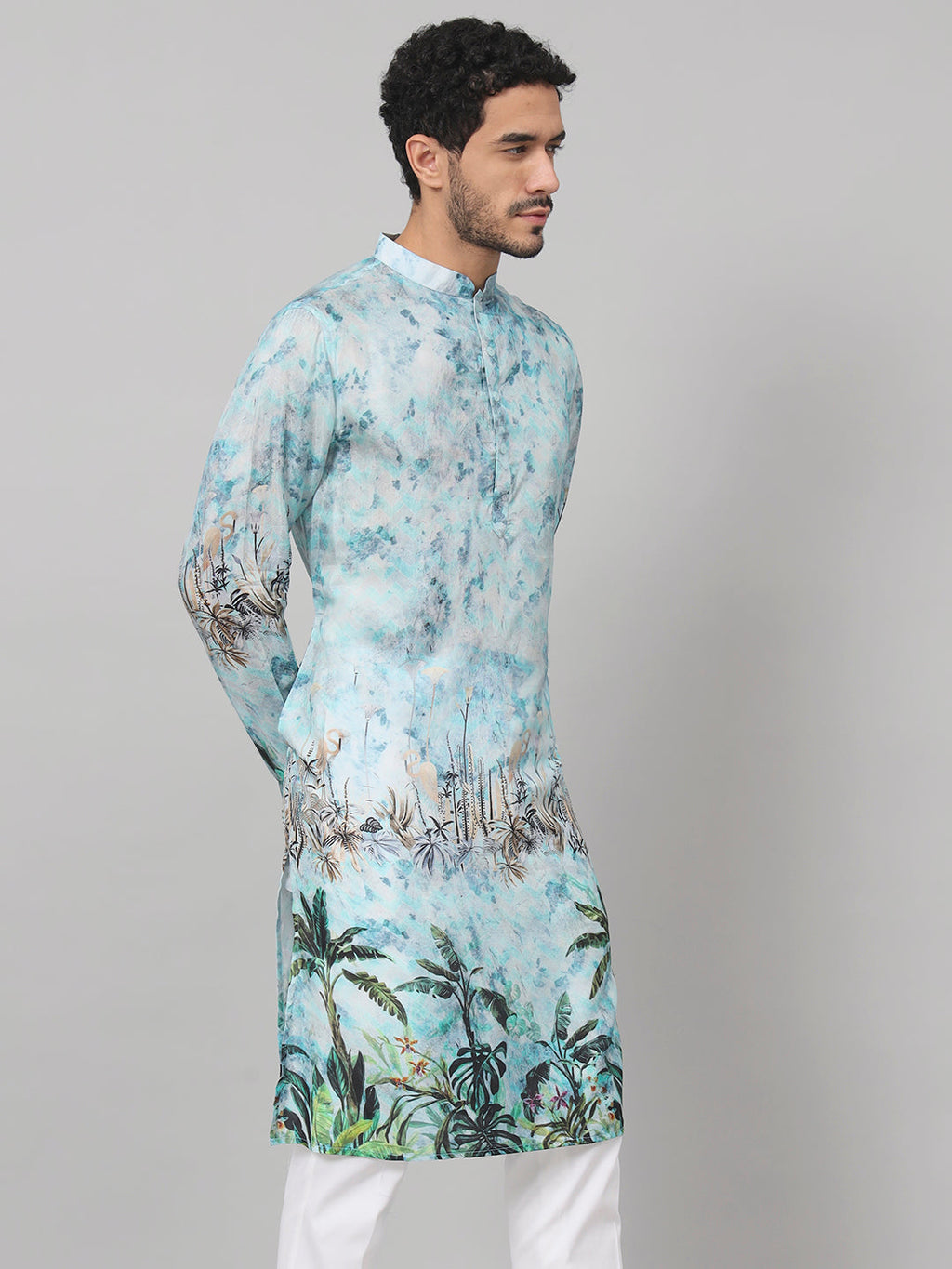 Palm Trees Print Silk Kurta by Hilo Design