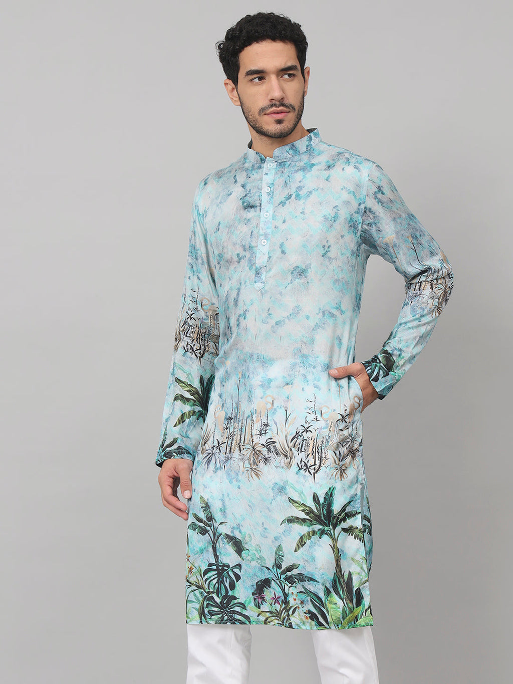 Palm Trees Print Silk Kurta by Hilo Design