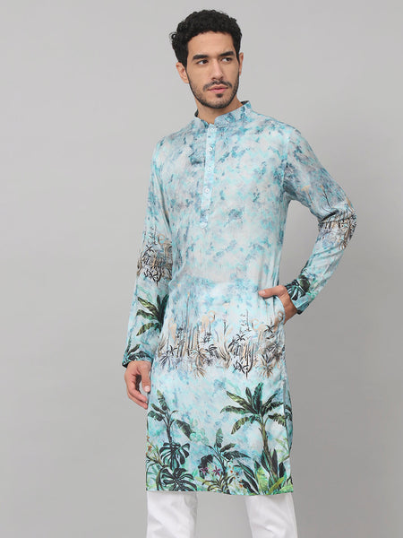 Palm Trees Print Silk Kurta by Hilo Design