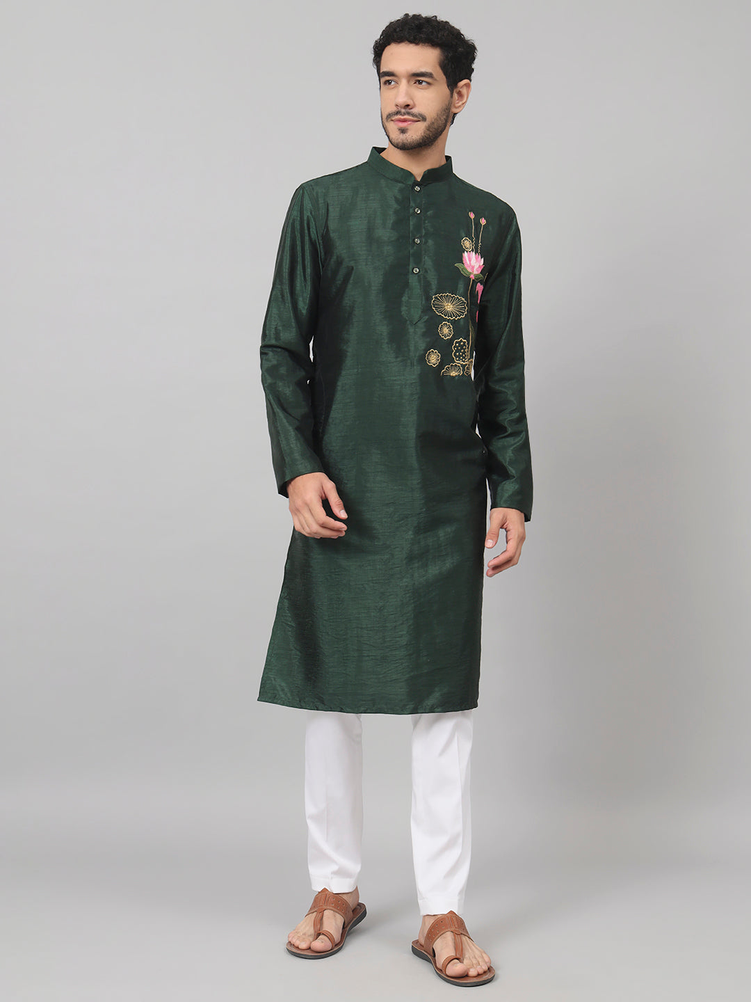 Dark Fern Embroidered Silk Kurta by Hilo Design