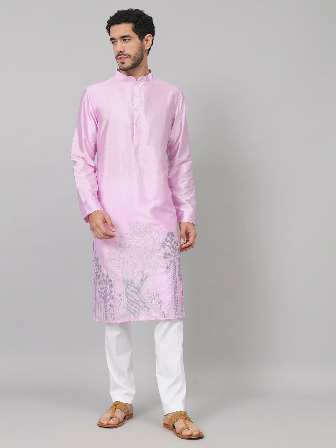 Orchid Embroidered Silk Kurta by Hilo Design