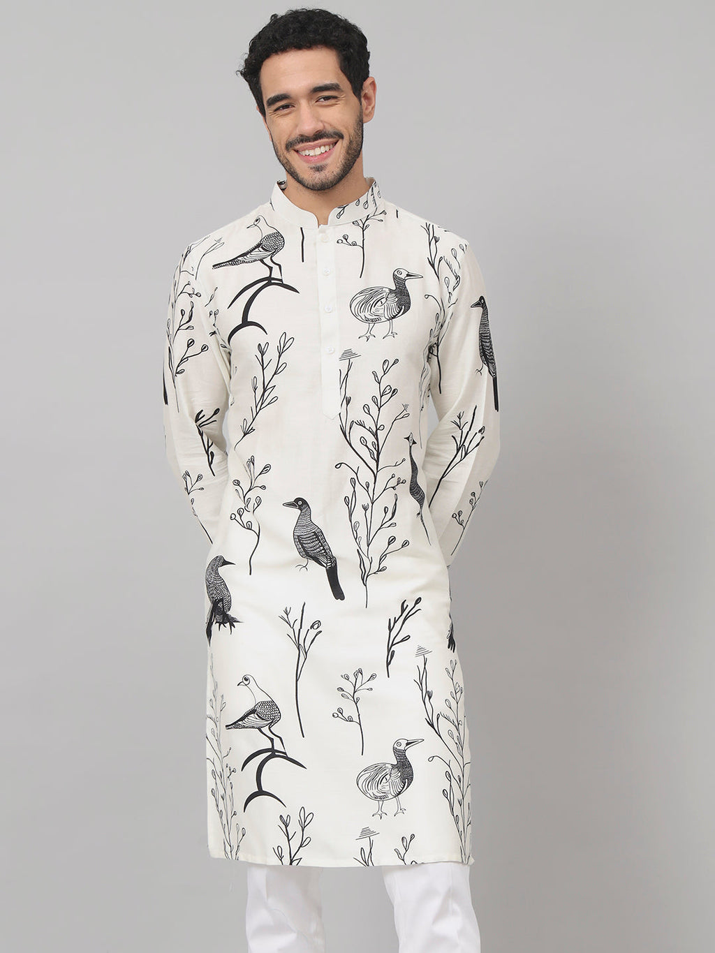Feathered Birds Print Cotton Kurta by Hilo Design