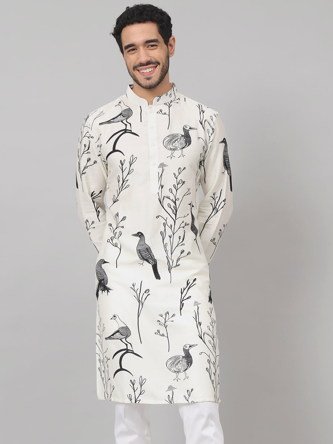 Feathered Birds Print Cotton Kurta by Hilo Design