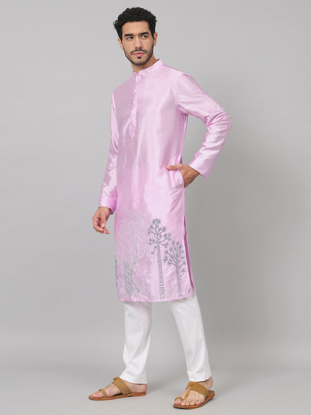 Orchid Embroidered Silk Kurta by Hilo Design