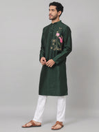 Dark Fern Embroidered Silk Kurta by Hilo Design