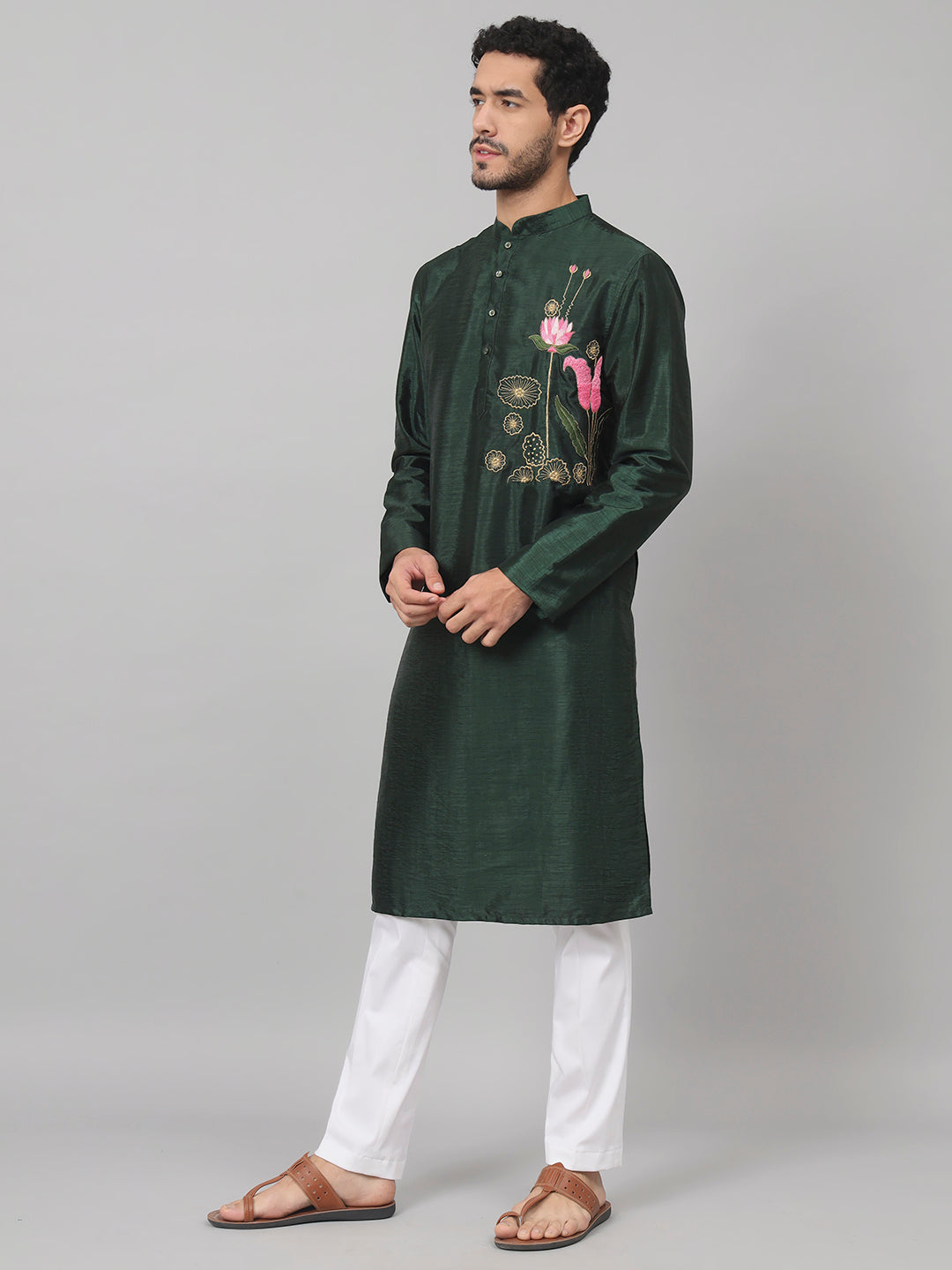Dark Fern Embroidered Silk Kurta by Hilo Design