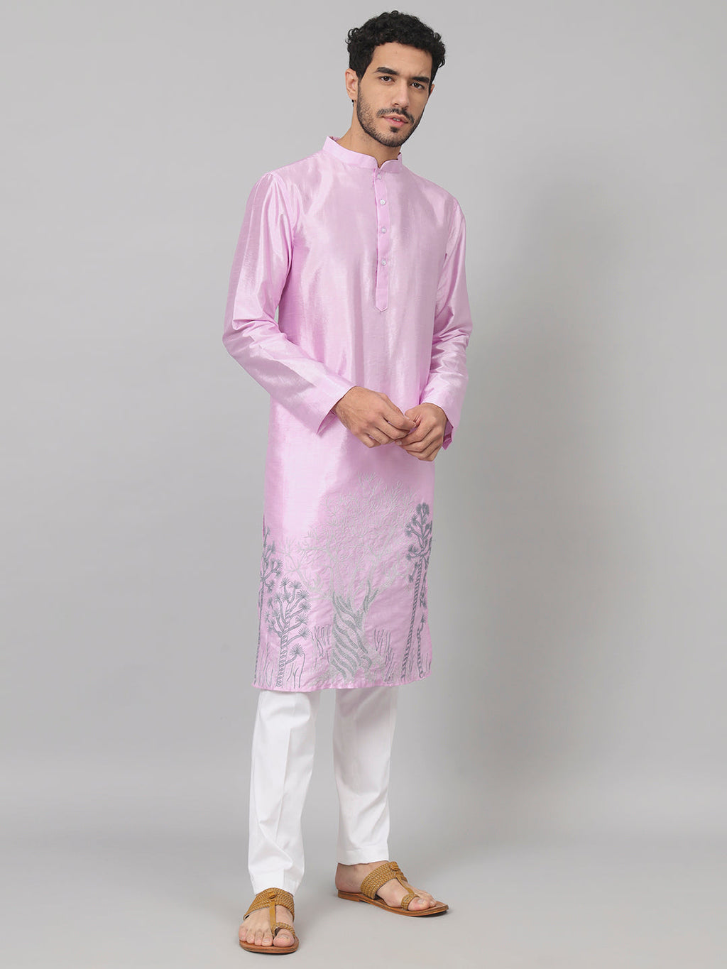 Orchid Embroidered Silk Kurta by Hilo Design