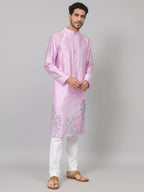 Orchid Embroidered Silk Kurta by Hilo Design