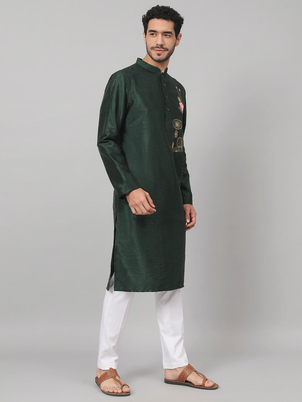 Dark Fern Embroidered Silk Kurta by Hilo Design