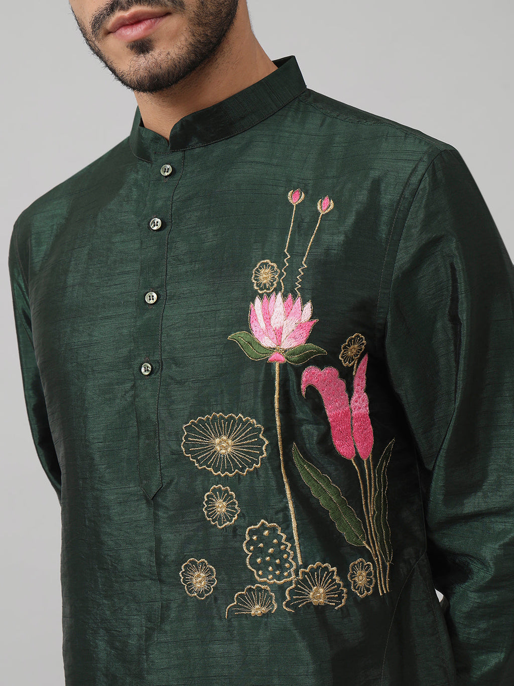 Dark Fern Embroidered Silk Kurta by Hilo Design